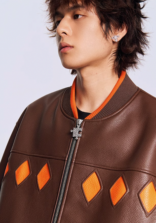 YADcrew Diamond Color Clash Leather Baseball Jacket