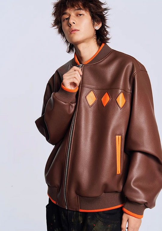 YADcrew Diamond Color Clash Leather Baseball Jacket