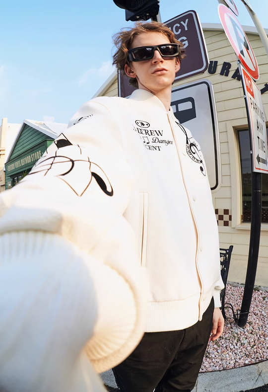YADcrew Embroidered Musical Notes Baseball Jacket