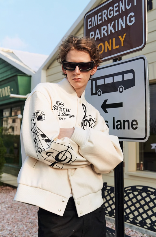 YADcrew Embroidered Musical Notes Baseball Jacket