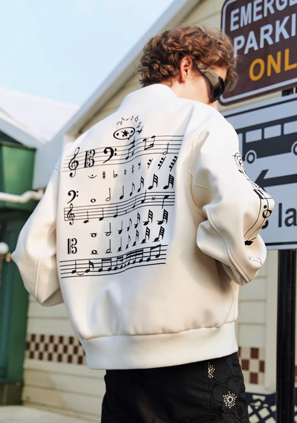 YADcrew Embroidered Musical Notes Baseball Jacket