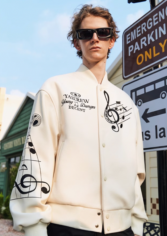 YADcrew Embroidered Musical Notes Baseball Jacket