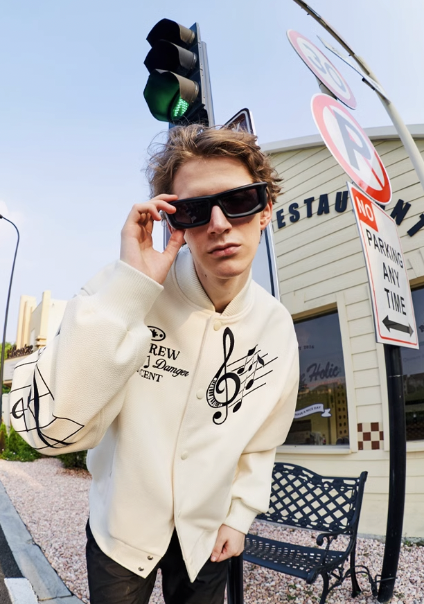 YADcrew Embroidered Musical Notes Baseball Jacket