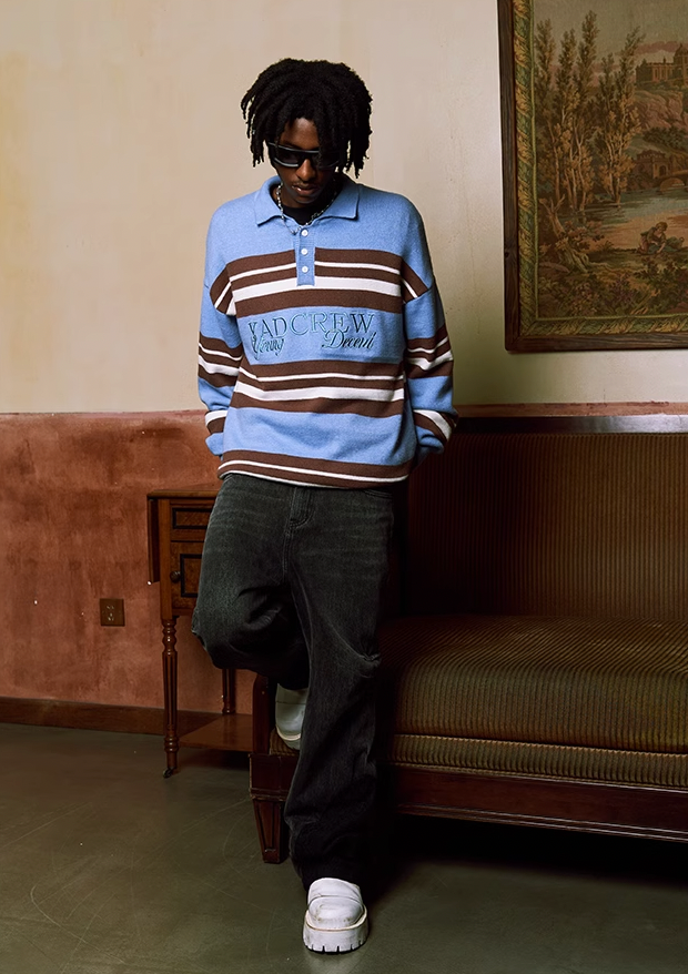 YADcrew Striped Polo Neck Knit Sweater