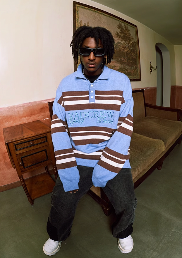 YADcrew Striped Polo Neck Knit Sweater