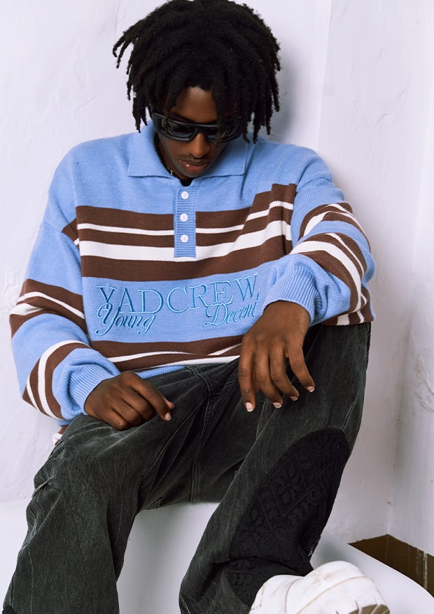 YADcrew Striped Polo Neck Knit Sweater