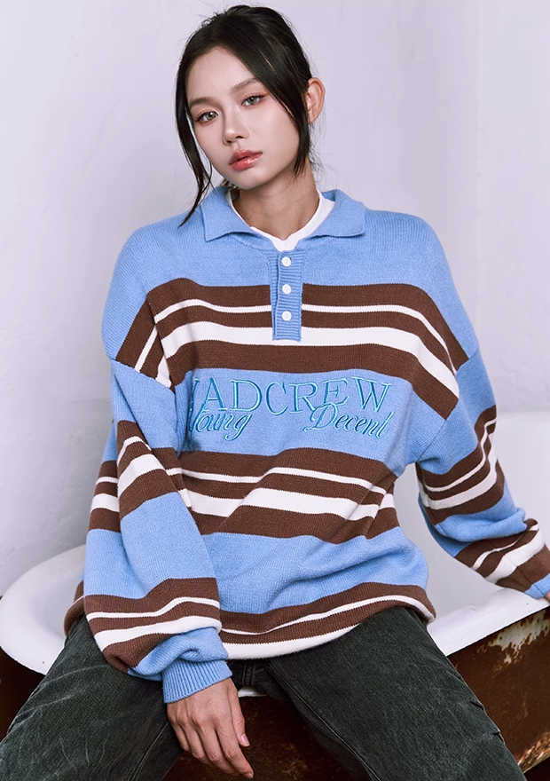 YADcrew Striped Polo Neck Knit Sweater