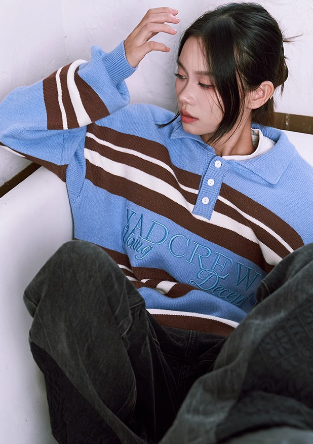 YADcrew Striped Polo Neck Knit Sweater