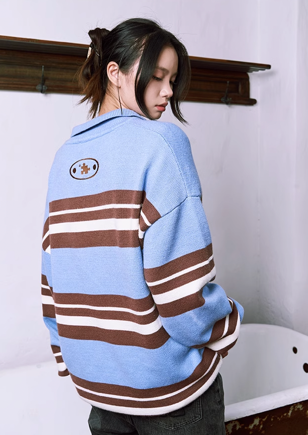 YADcrew Striped Polo Neck Knit Sweater