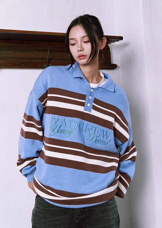 YADcrew Striped Polo Neck Knit Sweater