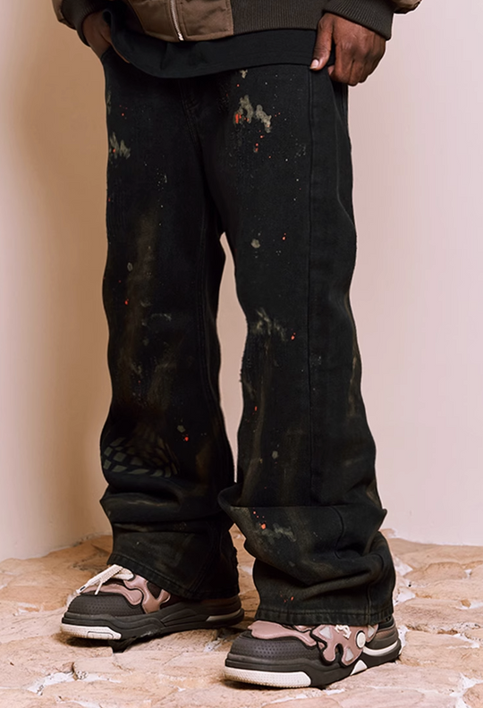 YADcrew Washed Splash Ink Destroyed Shoe Print Pants