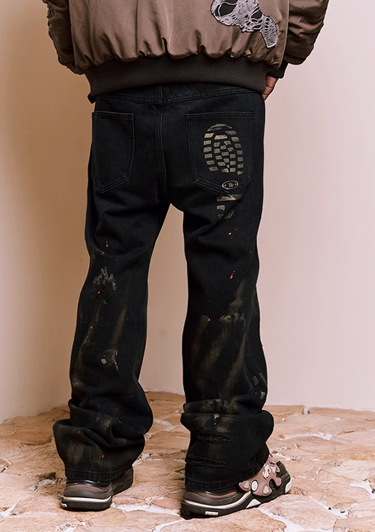 YADcrew Washed Splash Ink Destroyed Shoe Print Pants