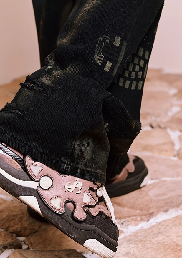 YADcrew Washed Splash Ink Destroyed Shoe Print Pants