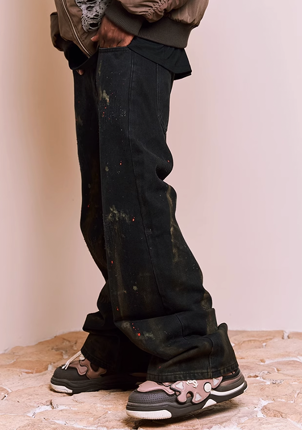 YADcrew Washed Splash Ink Destroyed Shoe Print Pants