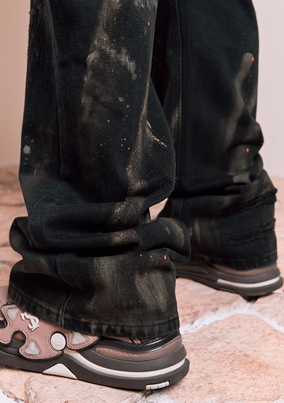 YADcrew Washed Splash Ink Destroyed Shoe Print Pants