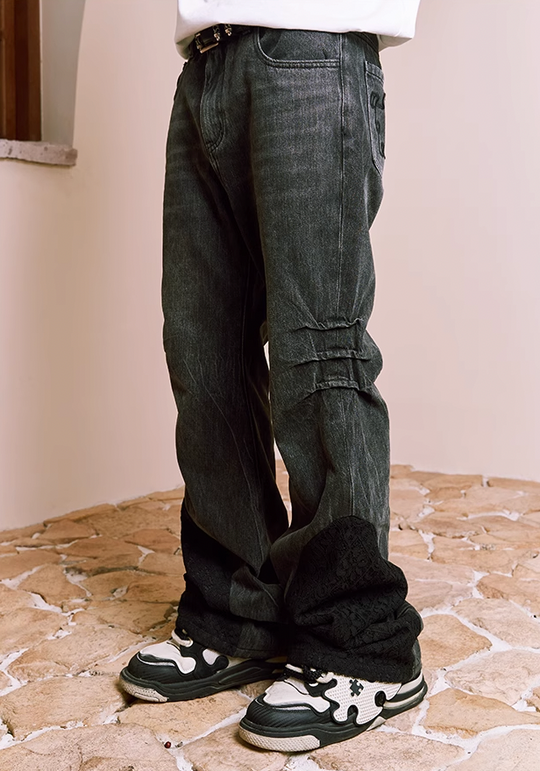 YADcrew Lace Splicing Embroidery Denim Pants