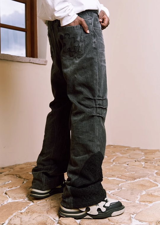 YADcrew Lace Splicing Embroidery Denim Pants