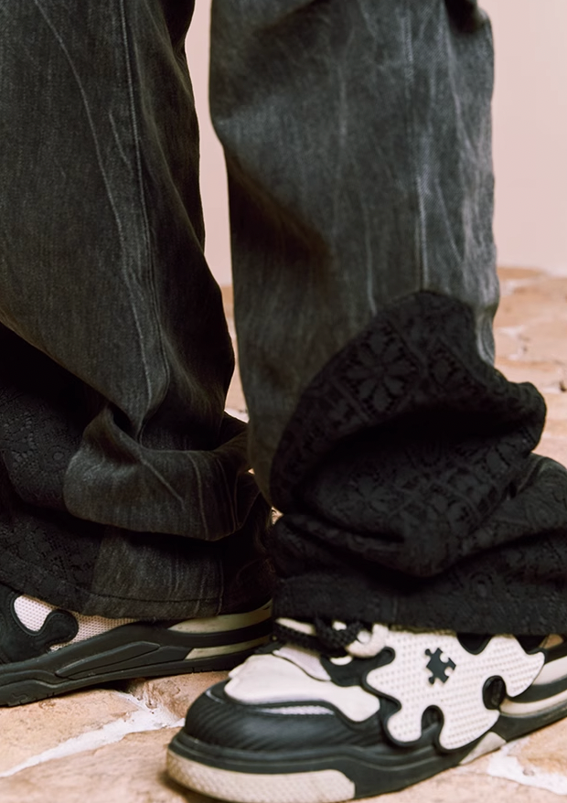 YADcrew Lace Splicing Embroidery Denim Pants