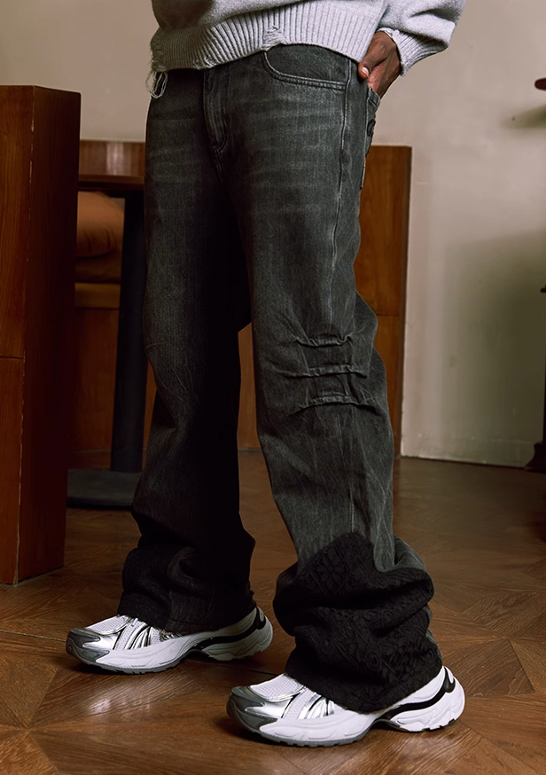 YADcrew Lace Splicing Embroidery Denim Pants