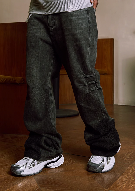 YADcrew Lace Splicing Embroidery Denim Pants