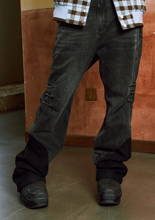YADcrew Lace Splicing Embroidery Denim Pants