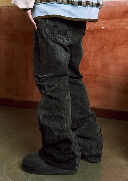 YADcrew Lace Splicing Embroidery Denim Pants