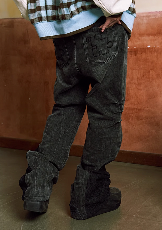 YADcrew Lace Splicing Embroidery Denim Pants