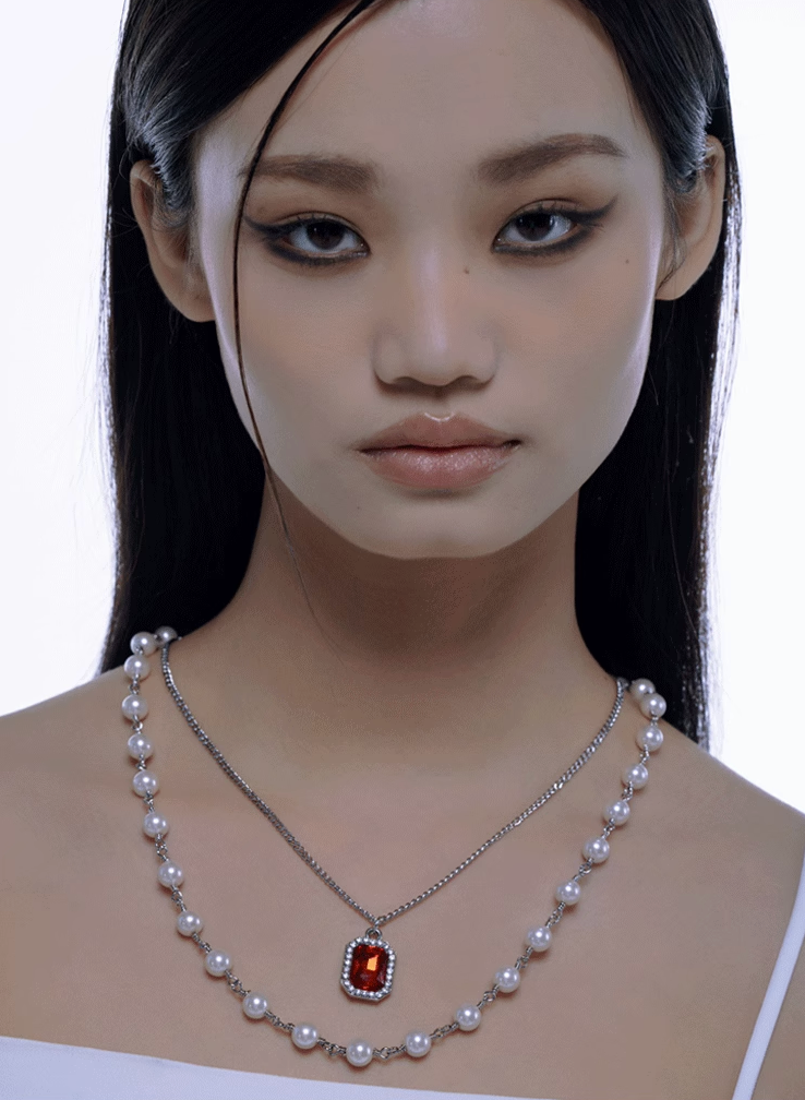NboStore Pearl Stitching Red Gemstone Necklace | Face 3 Face