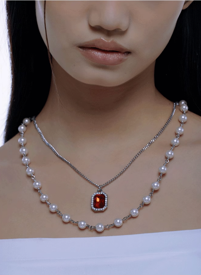 NboStore Pearl Stitching Red Gemstone Necklace | Face 3 Face