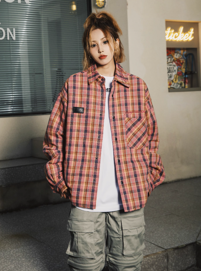 S45 Embroidered Plaid Cotton Shirt Jacket