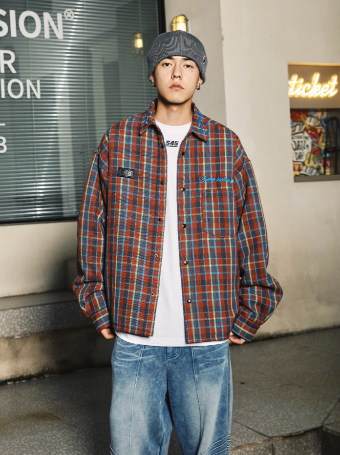 S45 Embroidered Plaid Cotton Shirt Jacket
