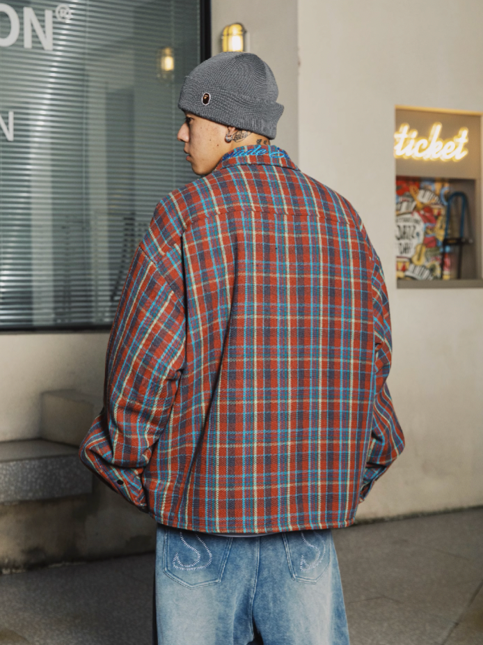 S45 Embroidered Plaid Cotton Shirt Jacket