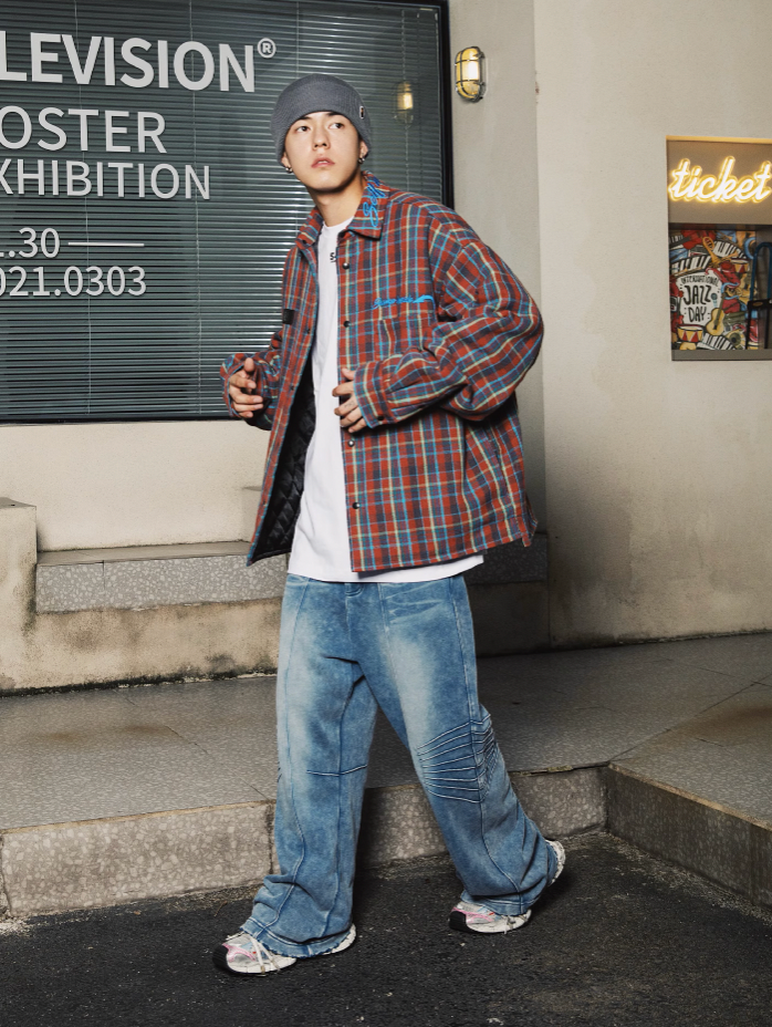 S45 Embroidered Plaid Cotton Shirt Jacket