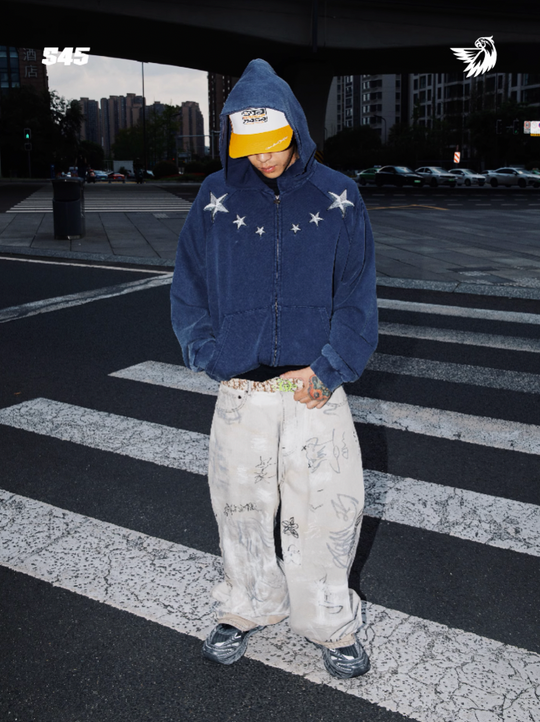 S45 Washed Pentagram Star Embroidered Zipper Hoodie