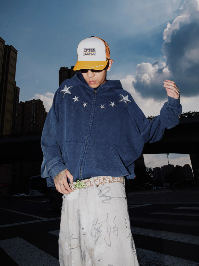 S45 Washed Pentagram Star Embroidered Zipper Hoodie