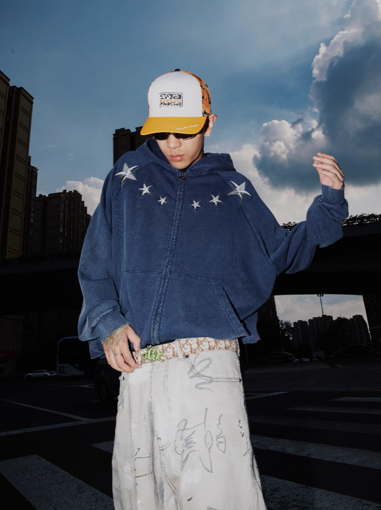 S45 Washed Pentagram Star Embroidered Zipper Hoodie
