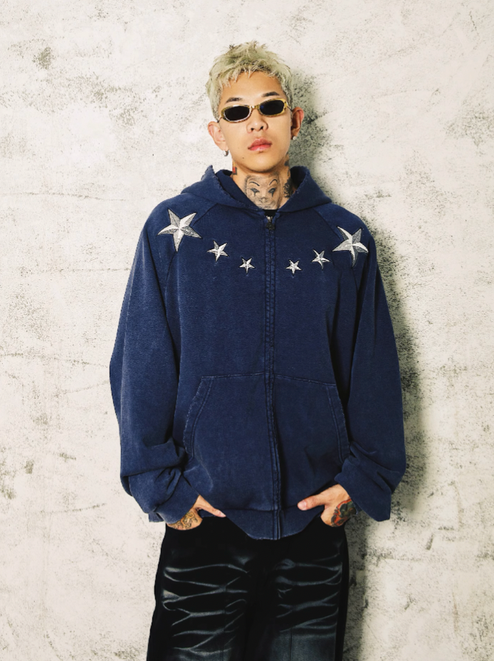 S45 Washed Pentagram Star Embroidered Zipper Hoodie