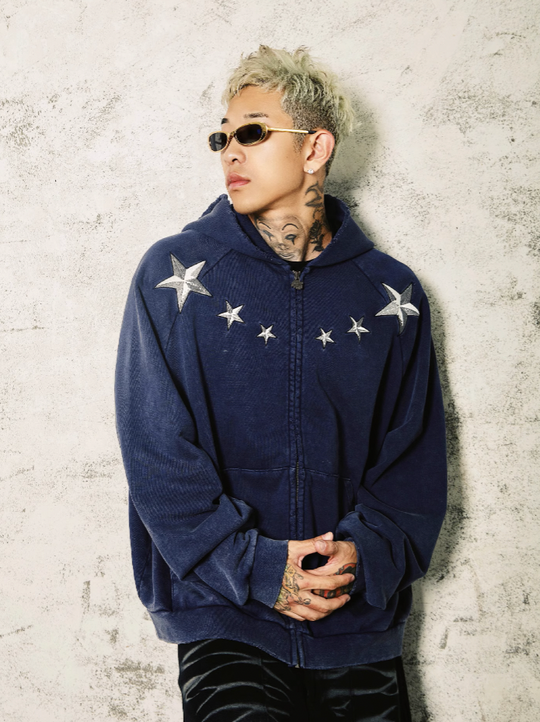 S45 Washed Pentagram Star Embroidered Zipper Hoodie