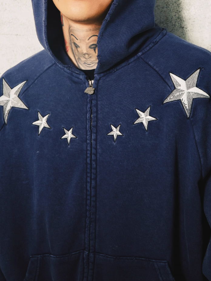 S45 Washed Pentagram Star Embroidered Zipper Hoodie