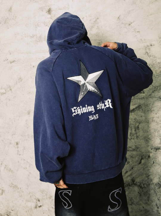S45 Washed Pentagram Star Embroidered Zipper Hoodie