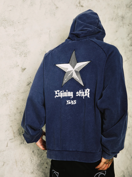 S45 Washed Pentagram Star Embroidered Zipper Hoodie