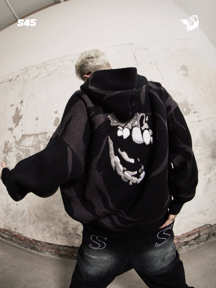S45 Skull Swirl Embroidered Knit Hoodie
