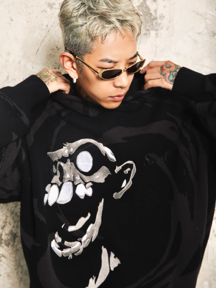 S45 Skull Swirl Embroidered Knit Hoodie