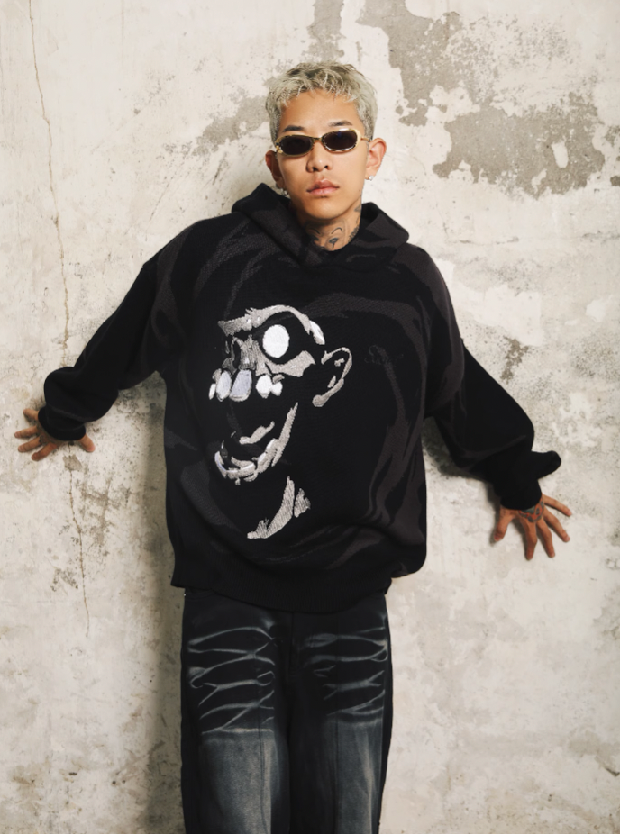 S45 Skull Swirl Embroidered Knit Hoodie