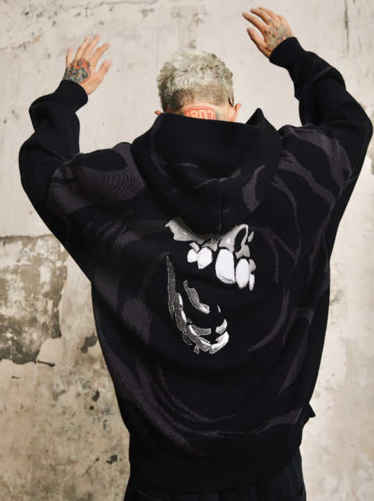 S45 Skull Swirl Embroidered Knit Hoodie