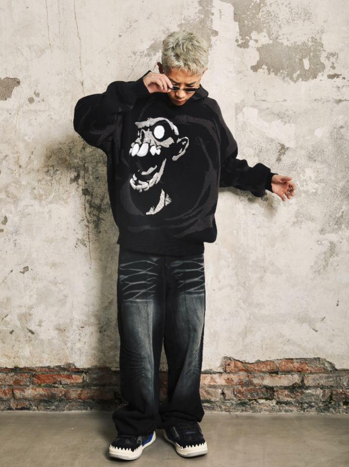 S45 Skull Swirl Embroidered Knit Hoodie