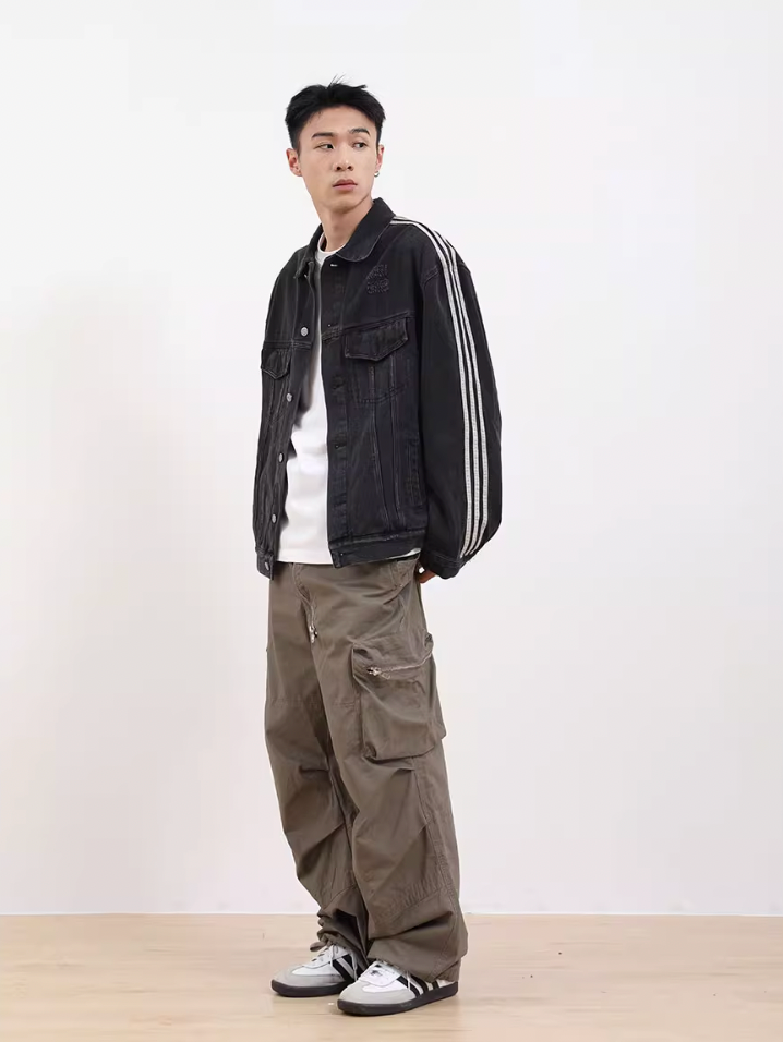 F3F Select Three Bar Striped Washed Denim Jacket