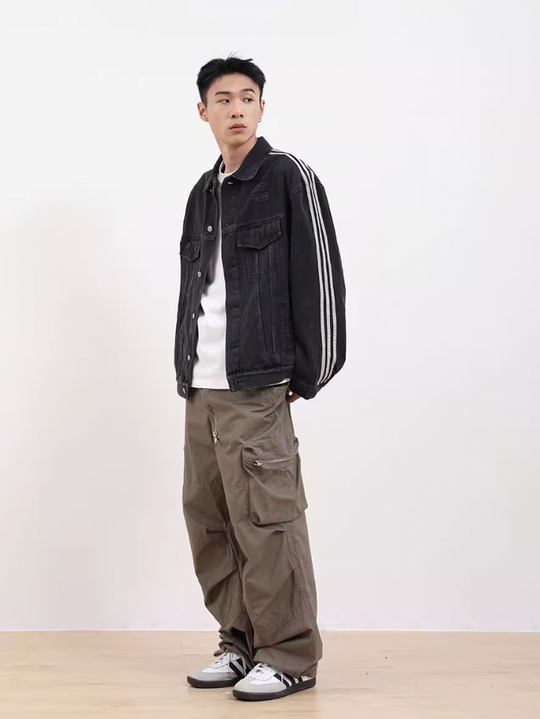 F3F Select Three Bar Striped Washed Denim Jacket