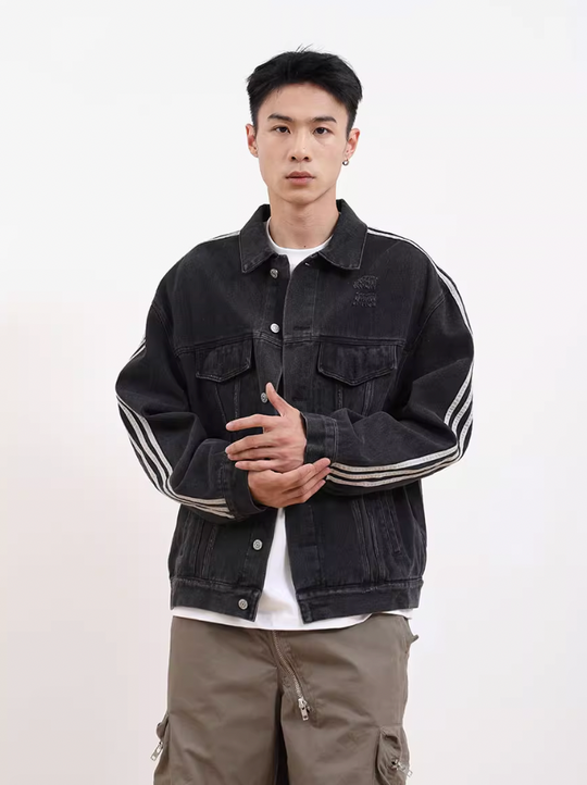 F3F Select Three Bar Striped Washed Denim Jacket