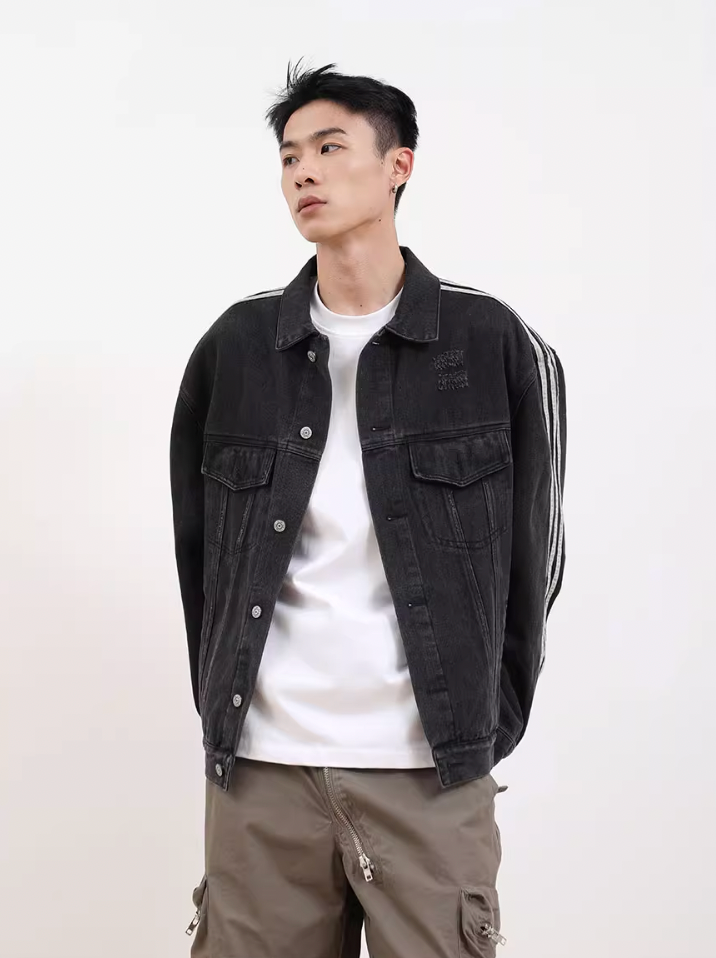 F3F Select Three Bar Striped Washed Denim Jacket
